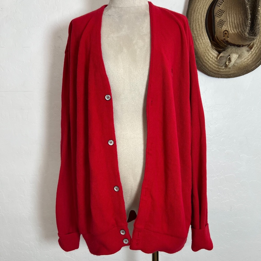 VTG 80s 90s Izod Red Cardigan Sweater Mens XL Acrylic Link Stitch Made in USA